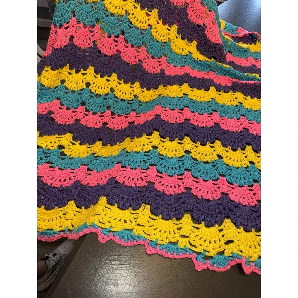 Handmade crochet baby blanket scalloped edge colorful striped 44x52